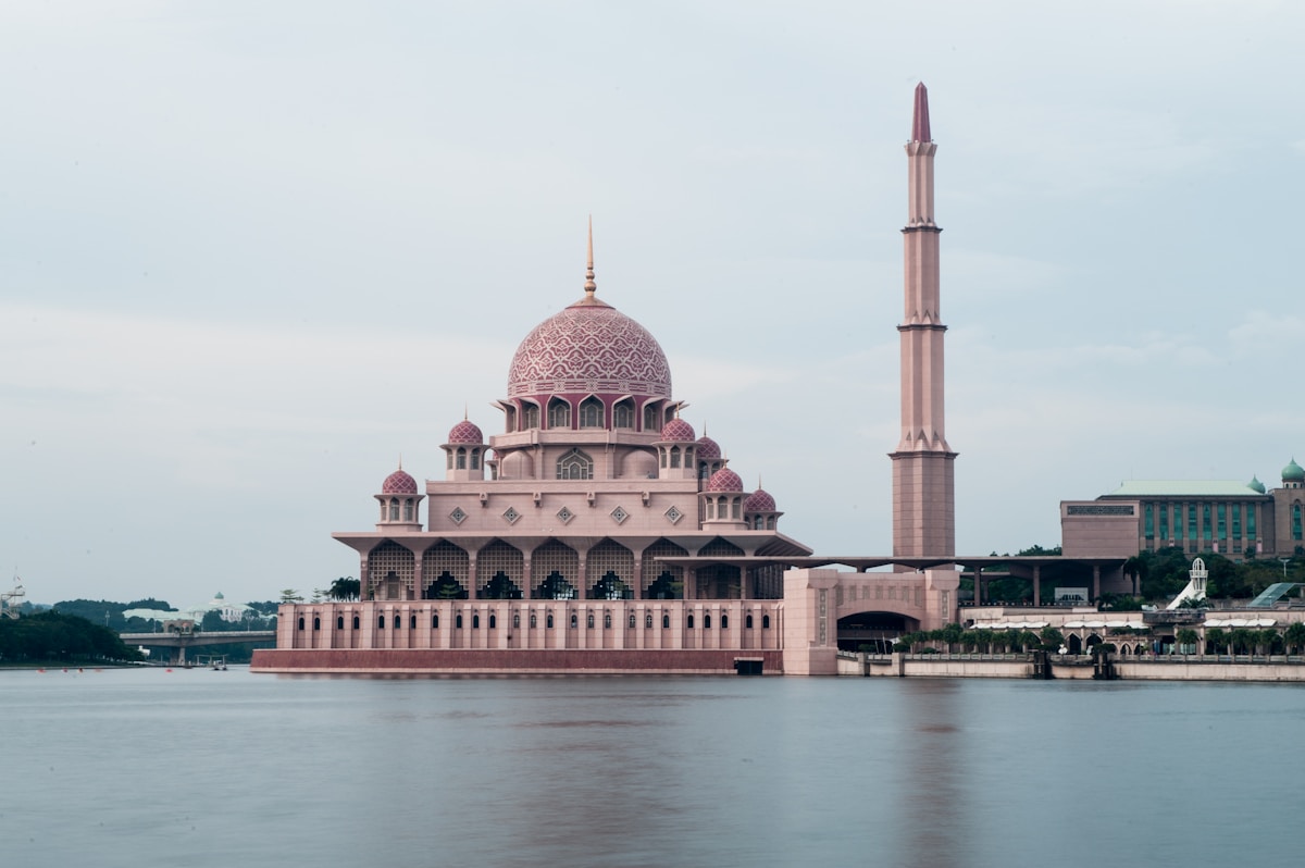Putrajaya Mosque with pink dome glowing at sunset